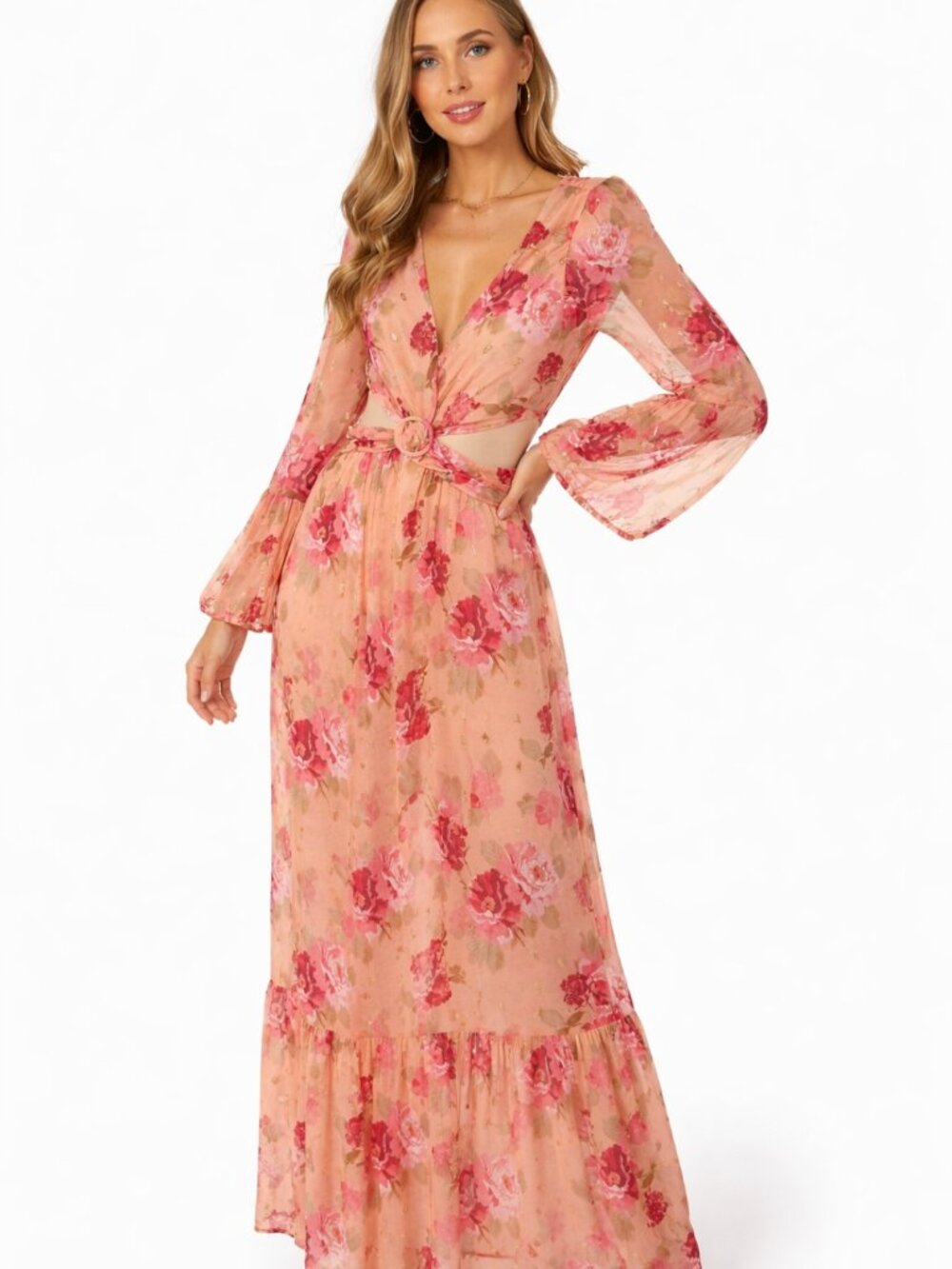 NWT RAHI Floral Cutout Maxi Dress Peach Sheer Metallic Bell Sleeve Boho, Fairy L